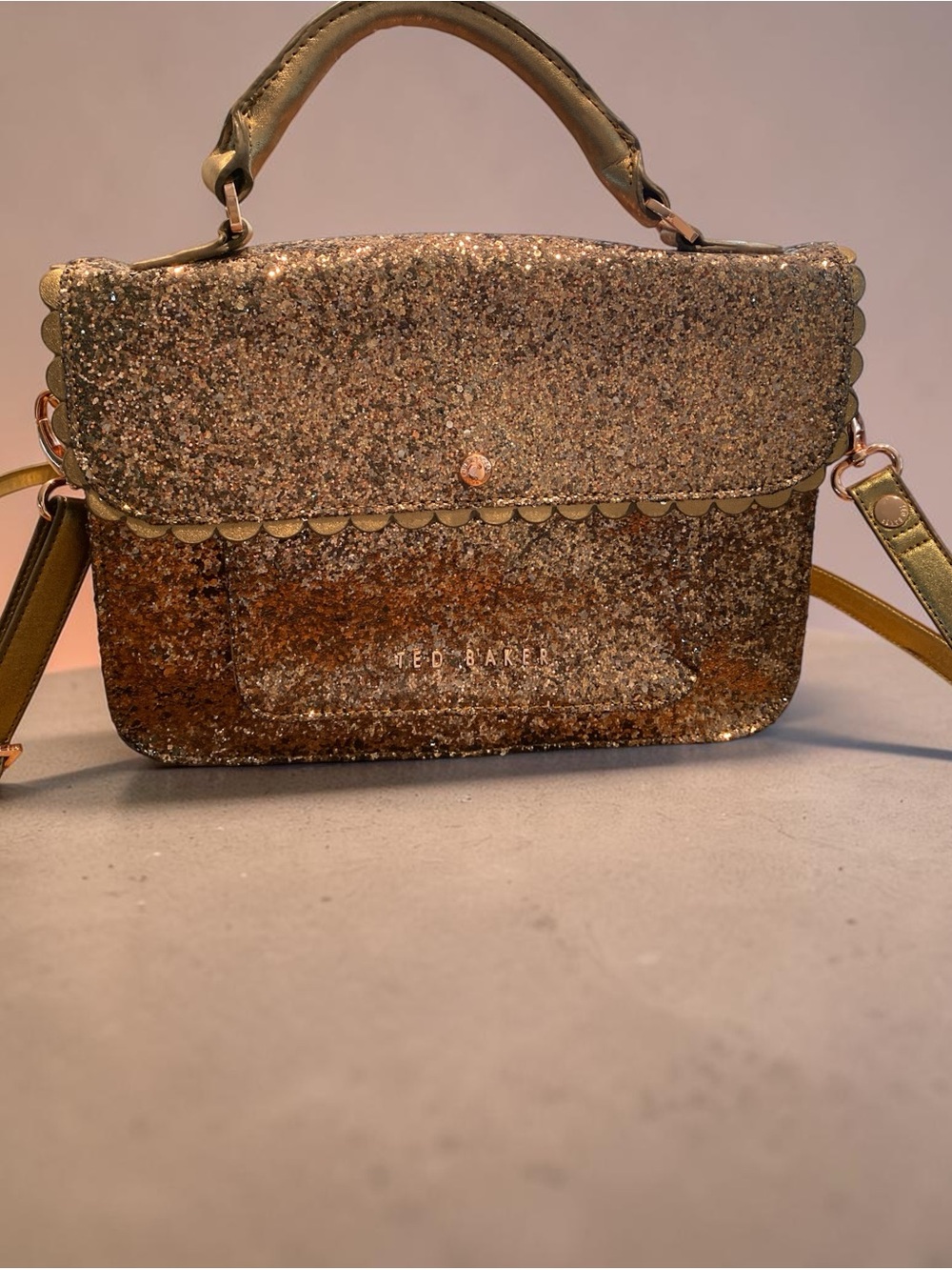 Ted Baker “Tingle” Gold Glitter Crossbody with Scallop Trim